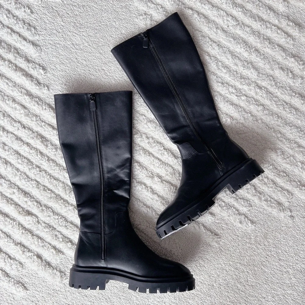 Stuart Weitzman Ultra Lug Platform Knee High Boots Black Leather US 11 MSRP $850
